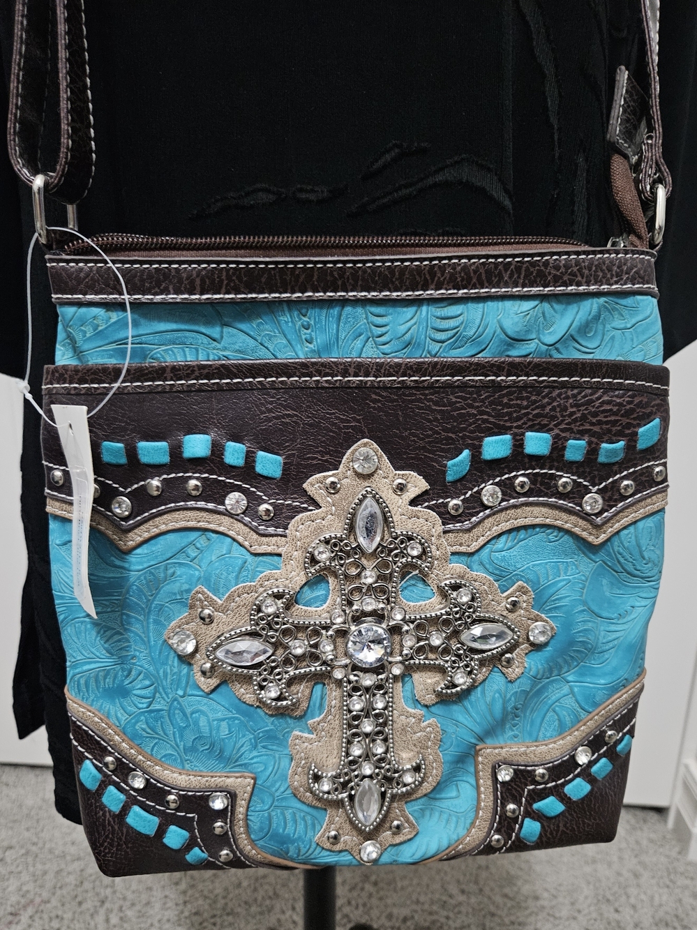 Embellished Turquoise Crossbody Bag with Jeweled Cross Accent
